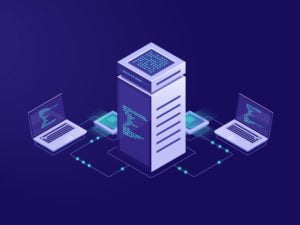 Big data processing concept, server room, blockchain technology token access, data center and database, network connection isometric illustration vector neon