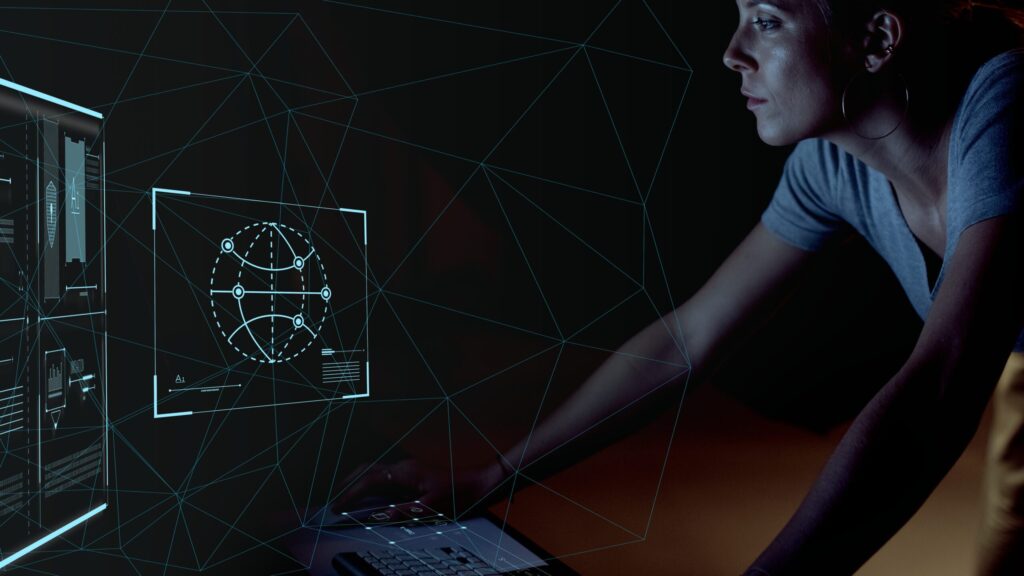 Woman checking a global network connection in the dark