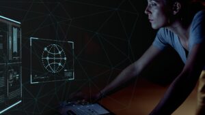 Woman checking a global network connection in the dark