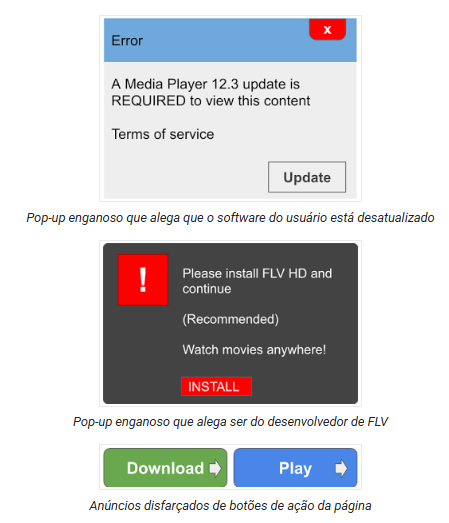 Exemplos de avisos falsos de atualização e botões disfarçados usados para induzir o usuário a instalar softwares indesejados. Fonte: Google Search Central / Documentação de Segurança
